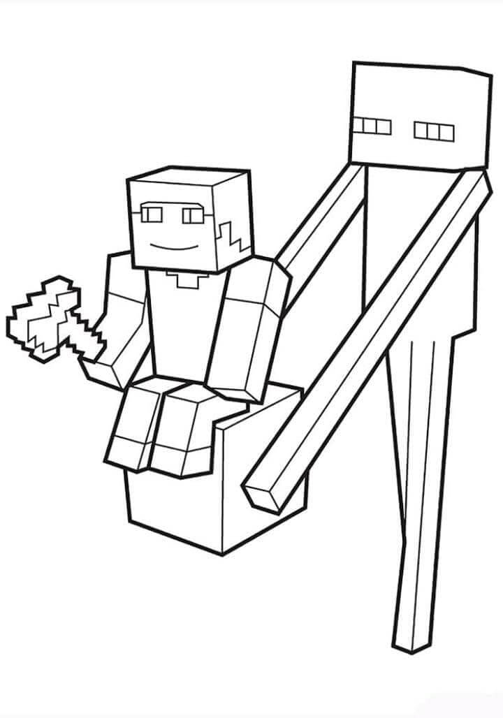 Steve Con Enderman Divertido Para Colorear Imprimir E Dibujar