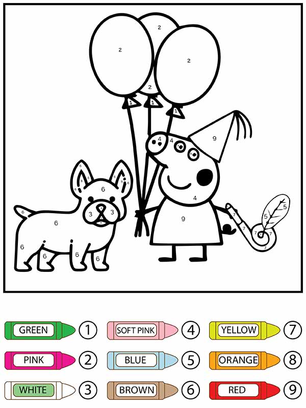 Chiot et Peppa Pig tenant des ballons à colorier par numéro