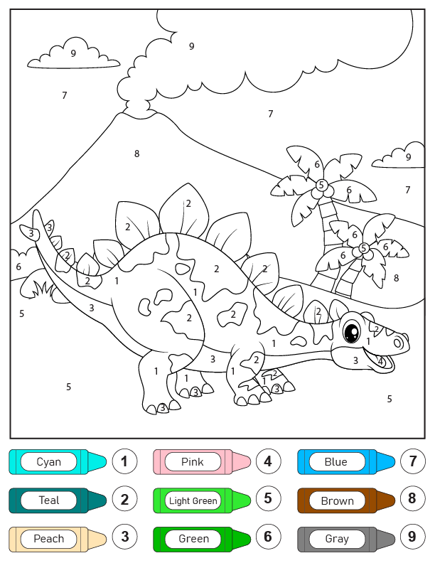 Coloriage numéroté Stegosaurus heureux