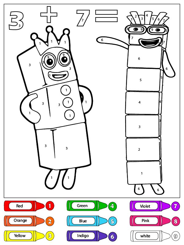 Trois et Sept Numberblocks Coloriage par Numéro