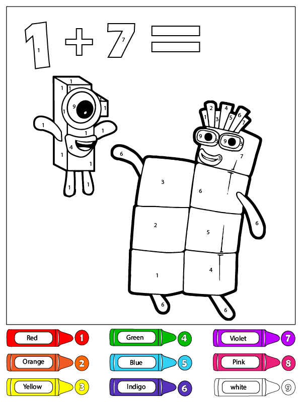 Un et Sept Numberblocks Coloriage par Numéro