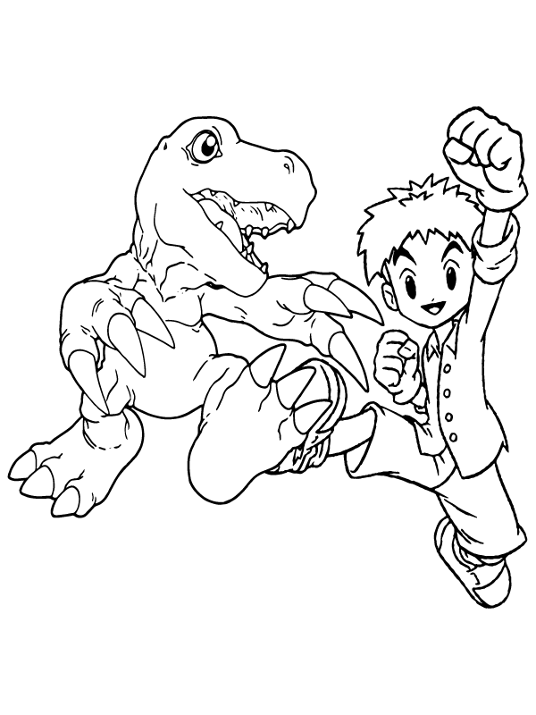 Page de Coloriage Agumon et Izzy de Digimon