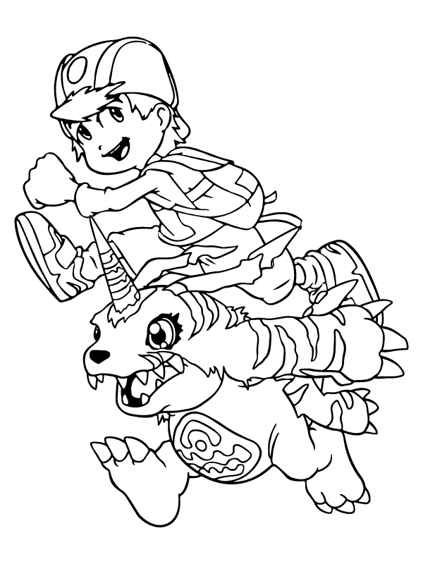 Page de Coloriage Gabumon et Takeru dans Digimon