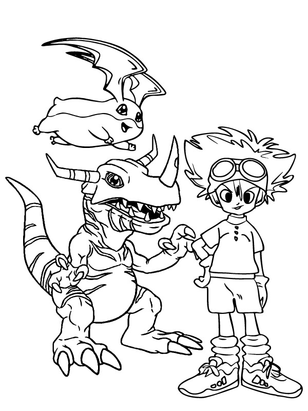 Page de Coloriage de Greymon et Tai de Digimon