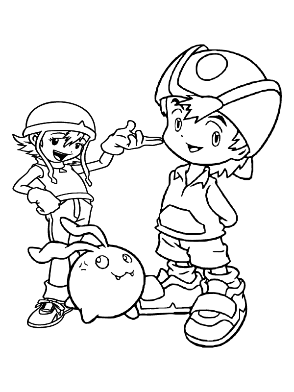 Page de Coloriage de Takeru et Sora dans Digimon Adventure