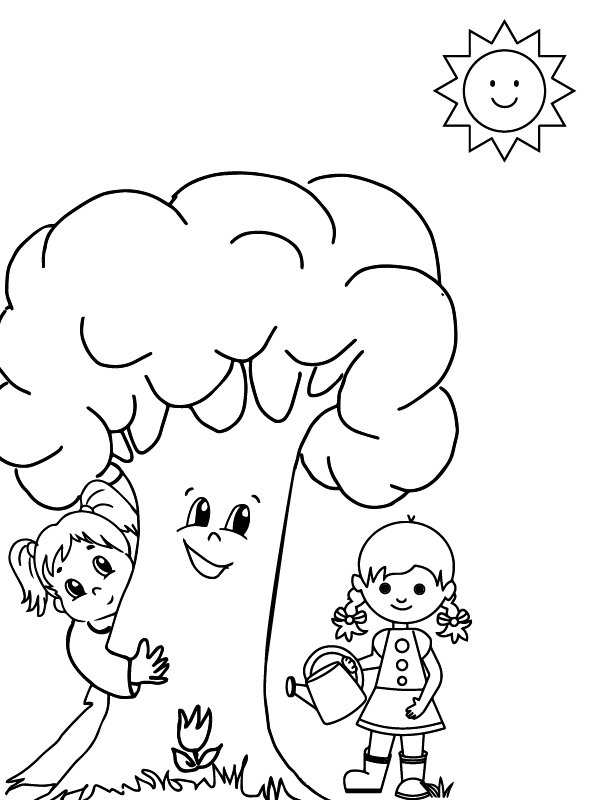 Page de Coloriage Enfants Heureux avec un Arbre