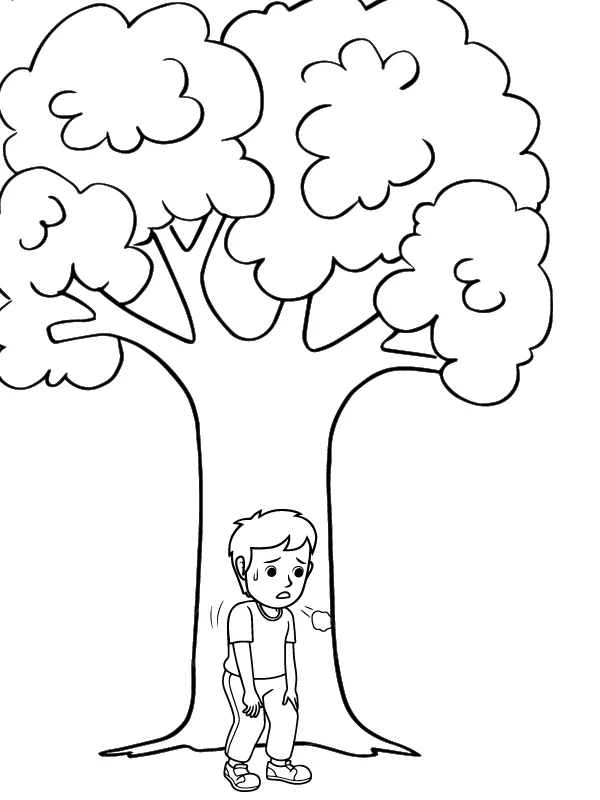 Page de Coloriage de l’Enfant Fatigué se Reposant sous l’Arbre