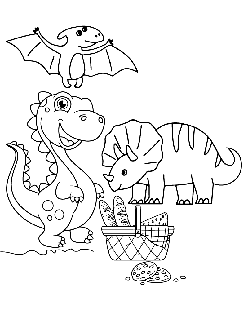 Page à Colorier de Dinosaures avec Panier de Pain Gratuit à Imprimer