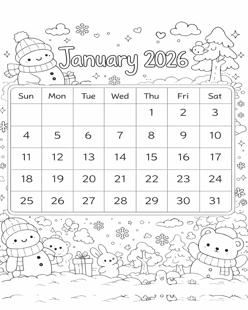 Calendrier 2026 pour Enfants Pages de Coloriage