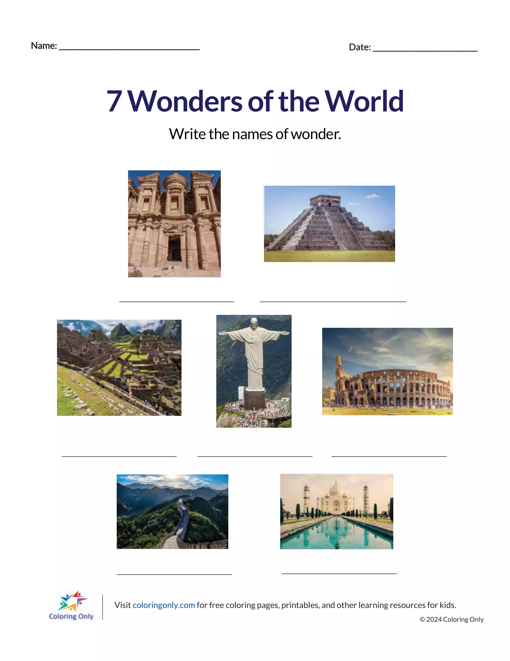 7 Wonders of the World Free Printable Worksheet