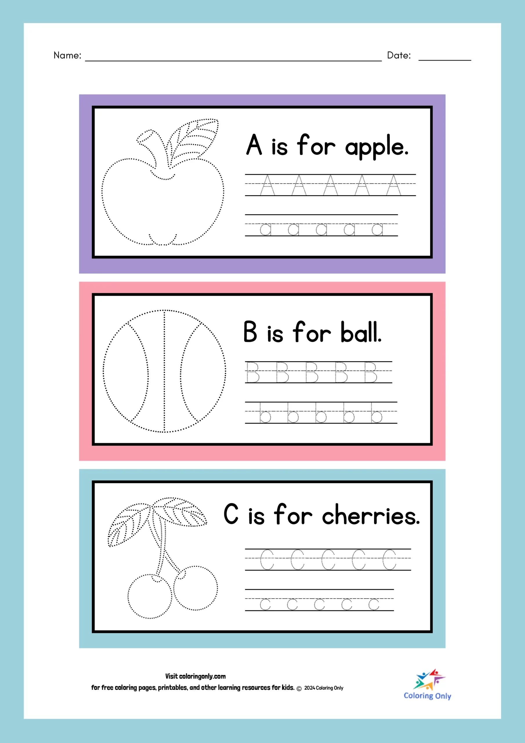 A is for apple, B is for ball, C is for cherries Free Printable Worksheet