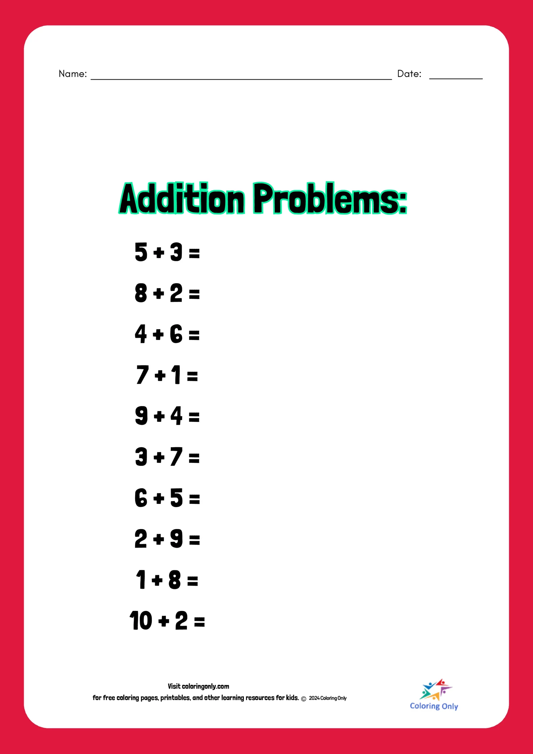 Addition Problems Free Printable Worksheet