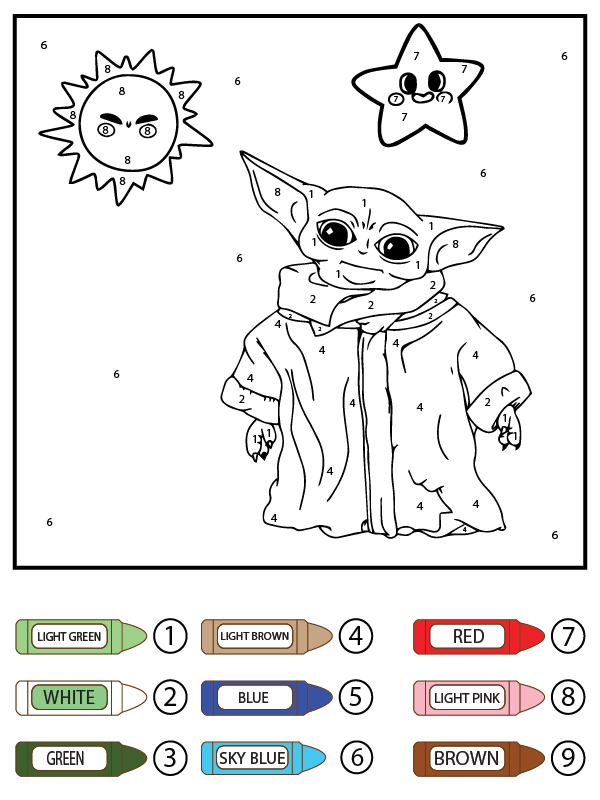 Adult Baby Yoda, Star, and Sun Color by Number