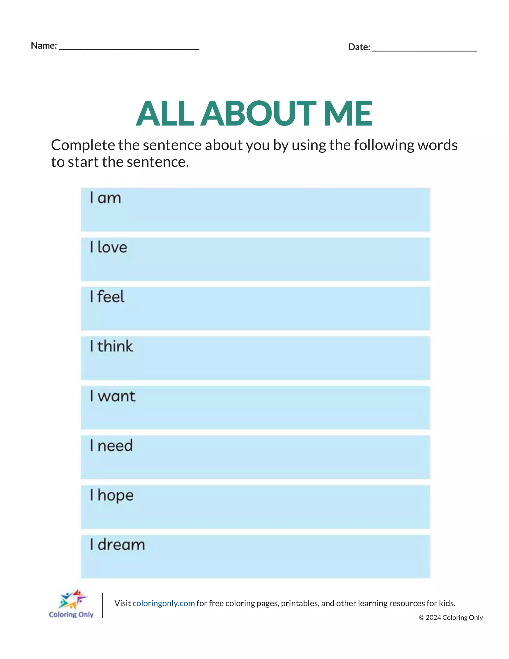 ALL ABOUT ME Free Printable Worksheet