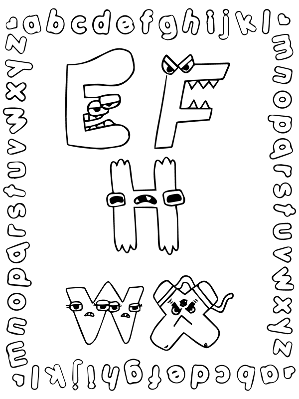 Alphabet Lore Letter E, F, H, W, and X Coloring Page