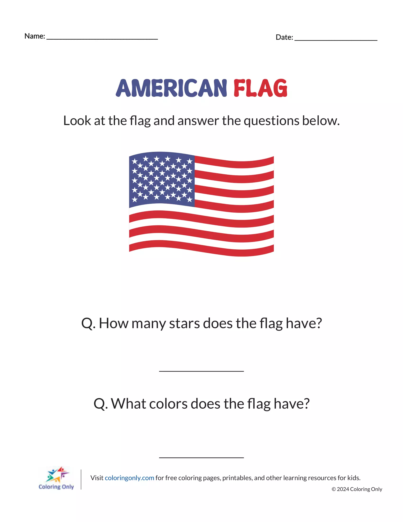 AMERIKANISCHE FLAGGE Kostenloses druckbares Arbeitsblatt