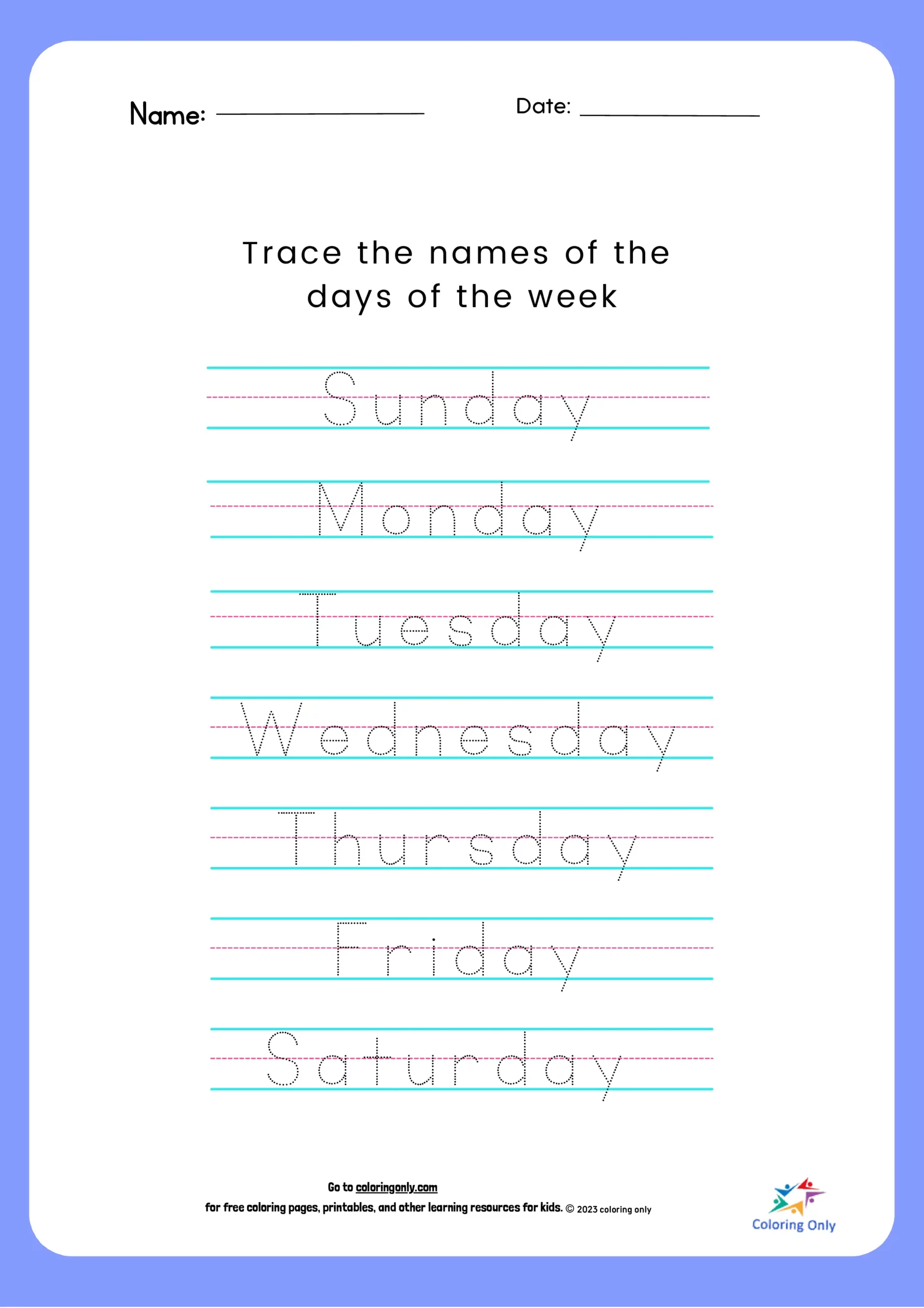 Trace the Names of the days of the Week