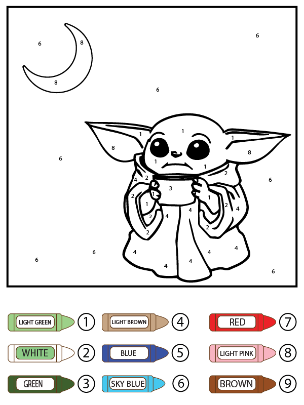 Baby Yoda Drinking and Moon Color by Number