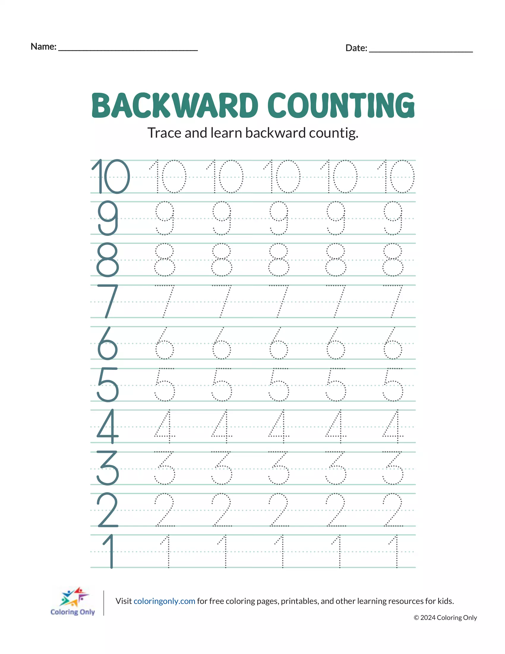 Learn counting with ease! This free printable worksheet helps kids master backward counting from 10 to 1 through engaging tracing activities.