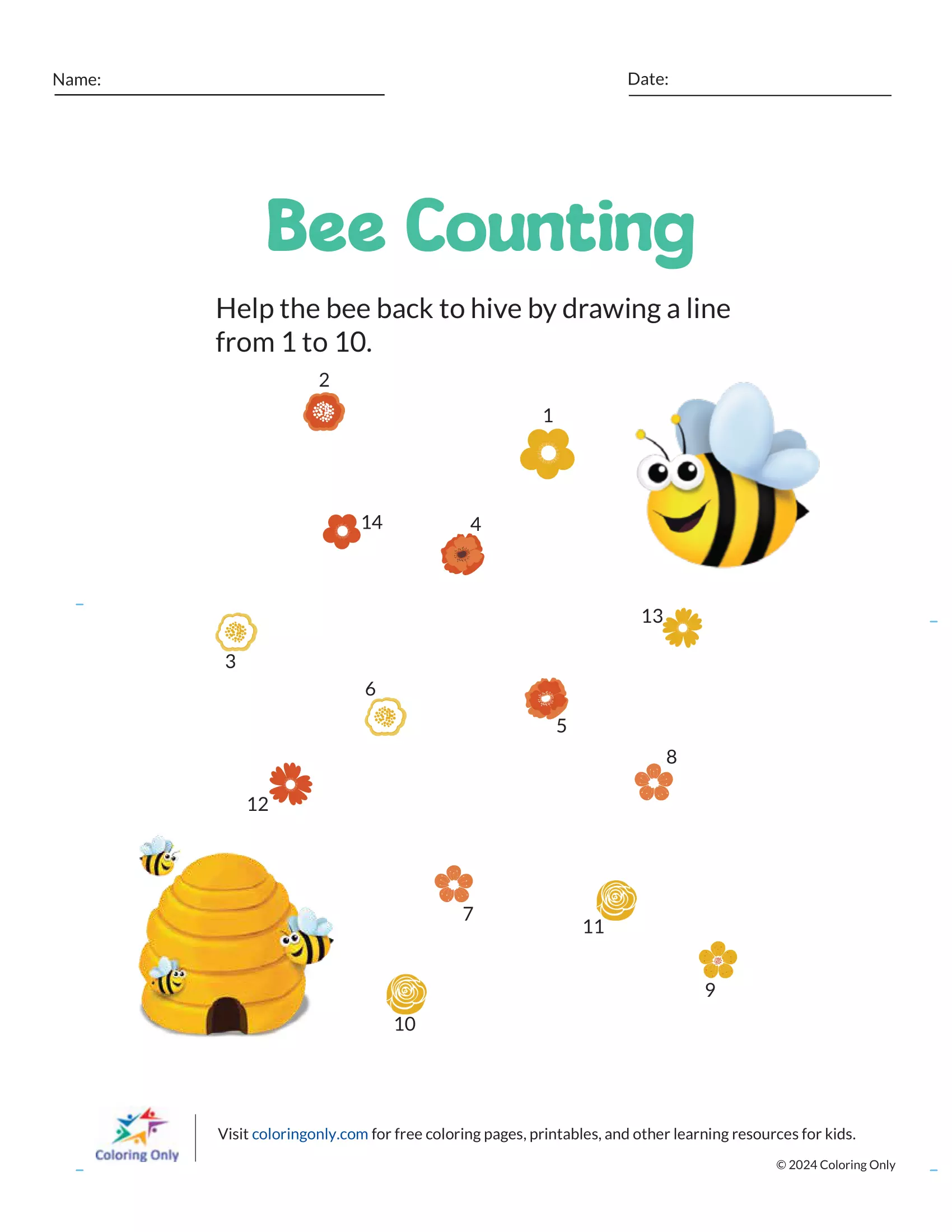Engage your preschooler with our free printable worksheet "Bee Counting," perfect for improving number sequencing and fine motor skills. Discover more at coloringonly.com.