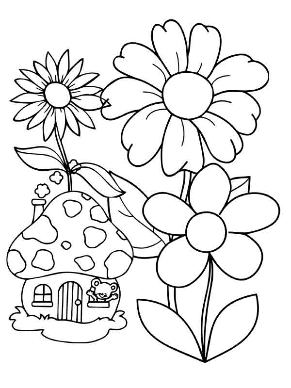 Big Garden Flowers and Small House Coloring Page