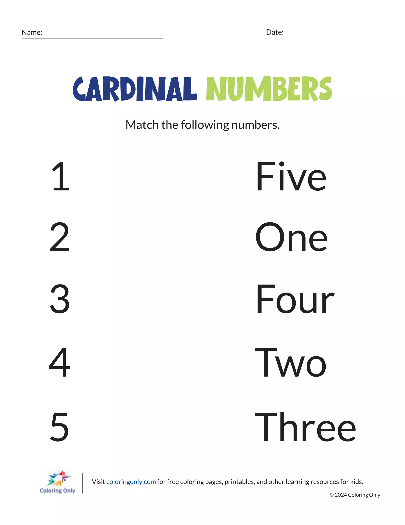 Engage young minds with "CARDINAL NUMBERS," a free printable worksheet to help preschoolers learn number matching. Visit coloringonly.com for more educational fun!