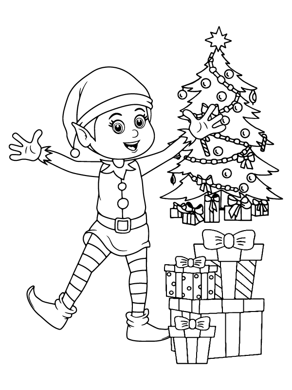 Christmas Elf and Tree Coloring Page