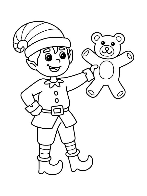 Christmas Elf with Toy Coloring Page