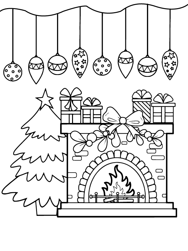 Christmas Ornaments and Fireplace Coloring Page