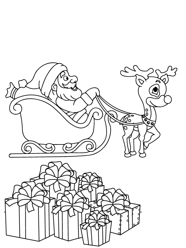 Christmas Santa Claus on Sleigh with Reindeers Coloring Pages