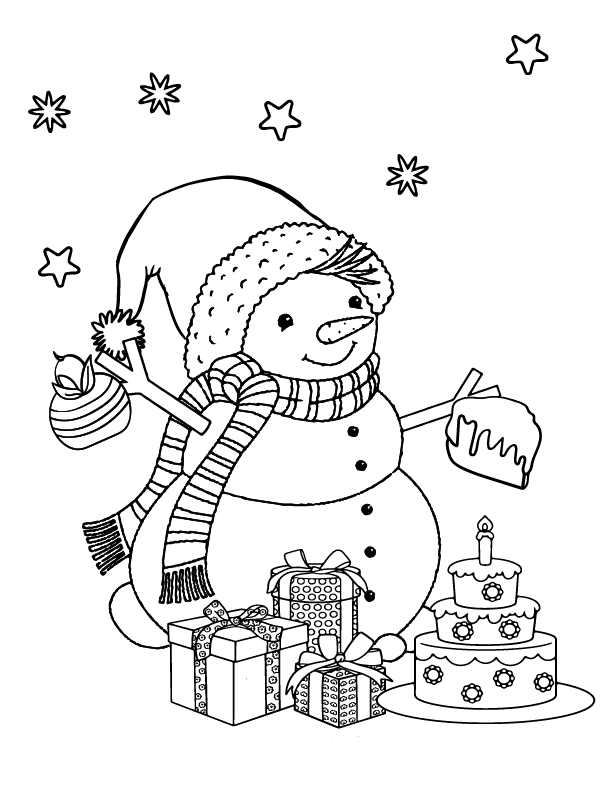 Christmas snowman with gift box in hand coloring pages