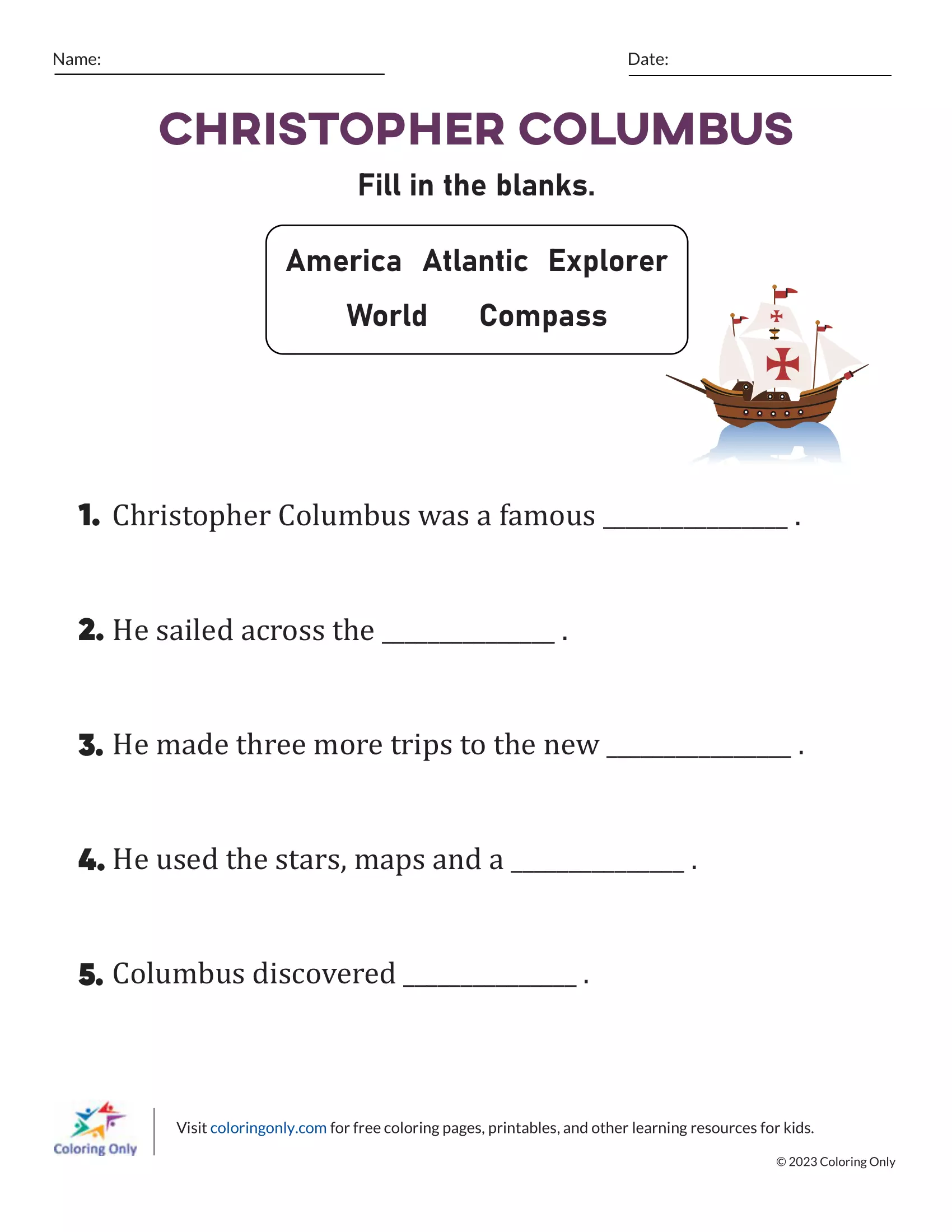 Christopher Columbus Free Printable Worksheet