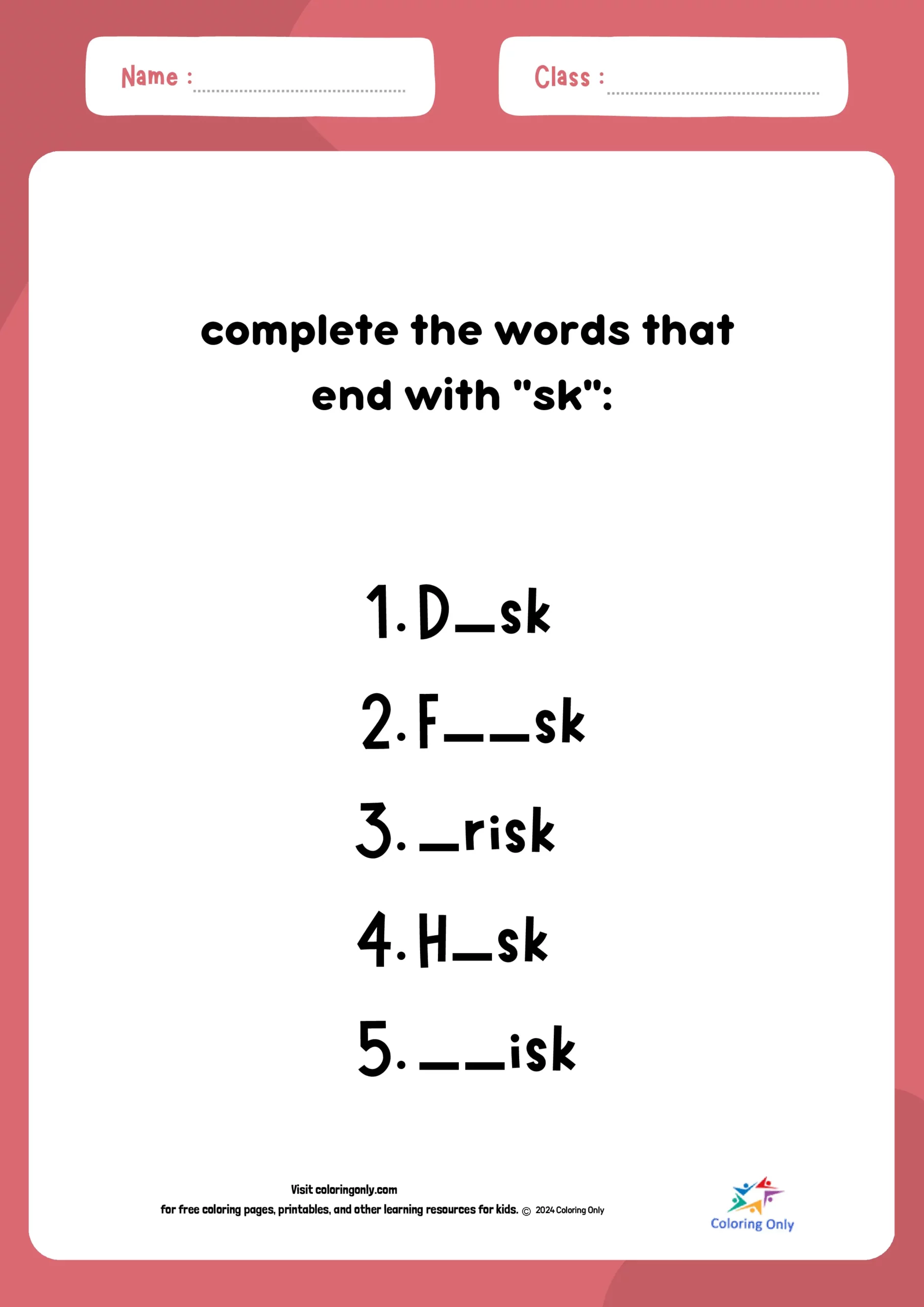 Complete the sk Words Free Printable Worksheet