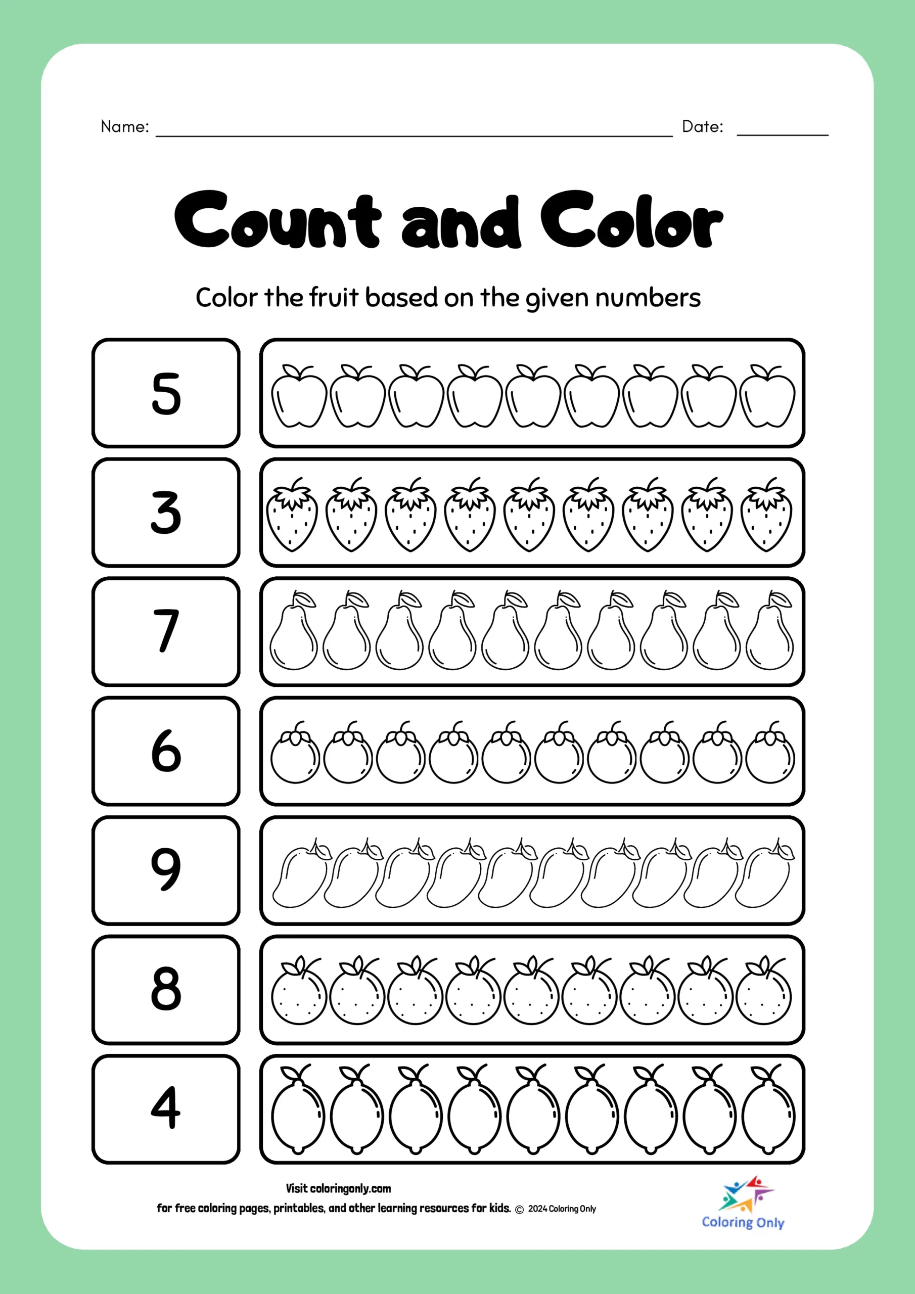 Count and Color Free Printable Worksheet