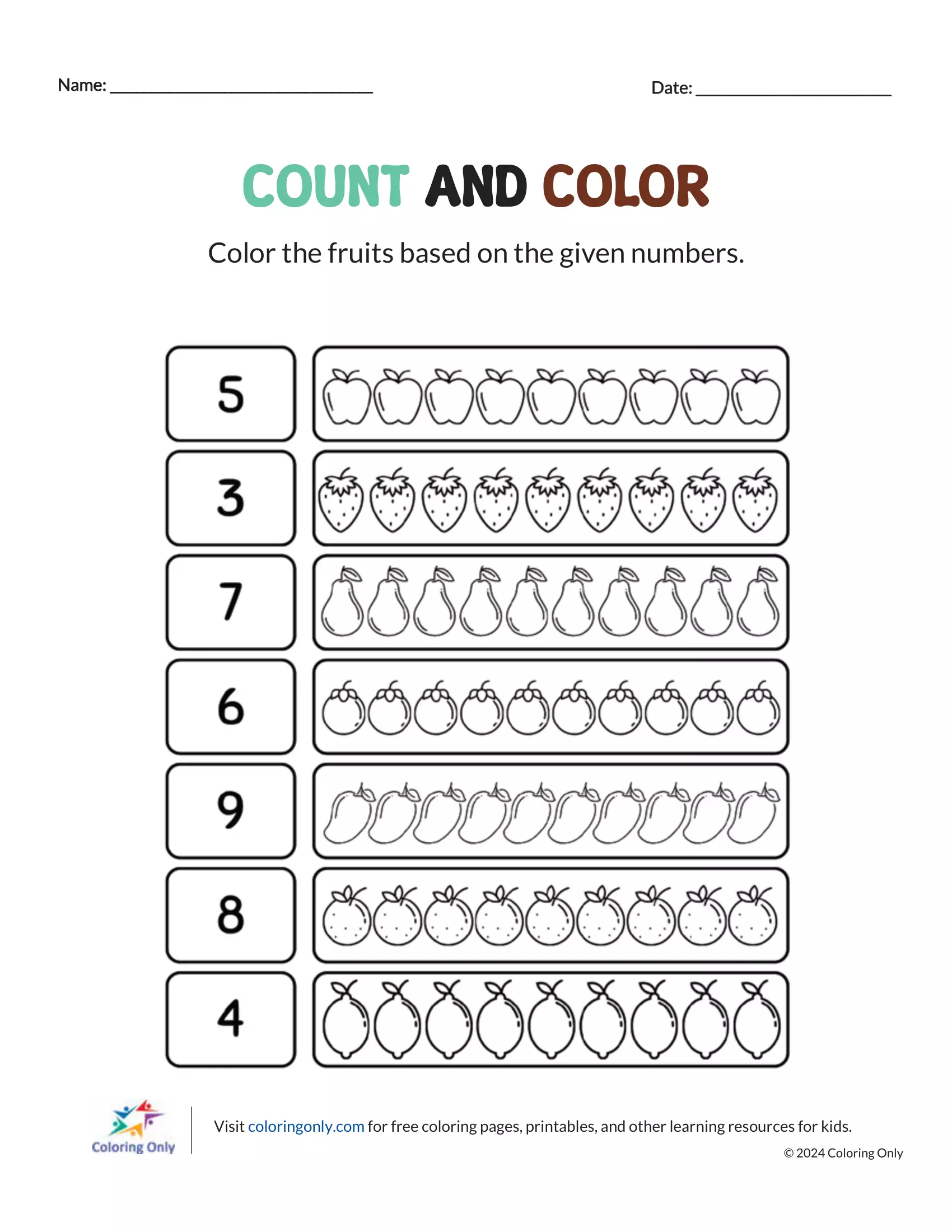 COUNT AND COLOR Free Printable Worksheet