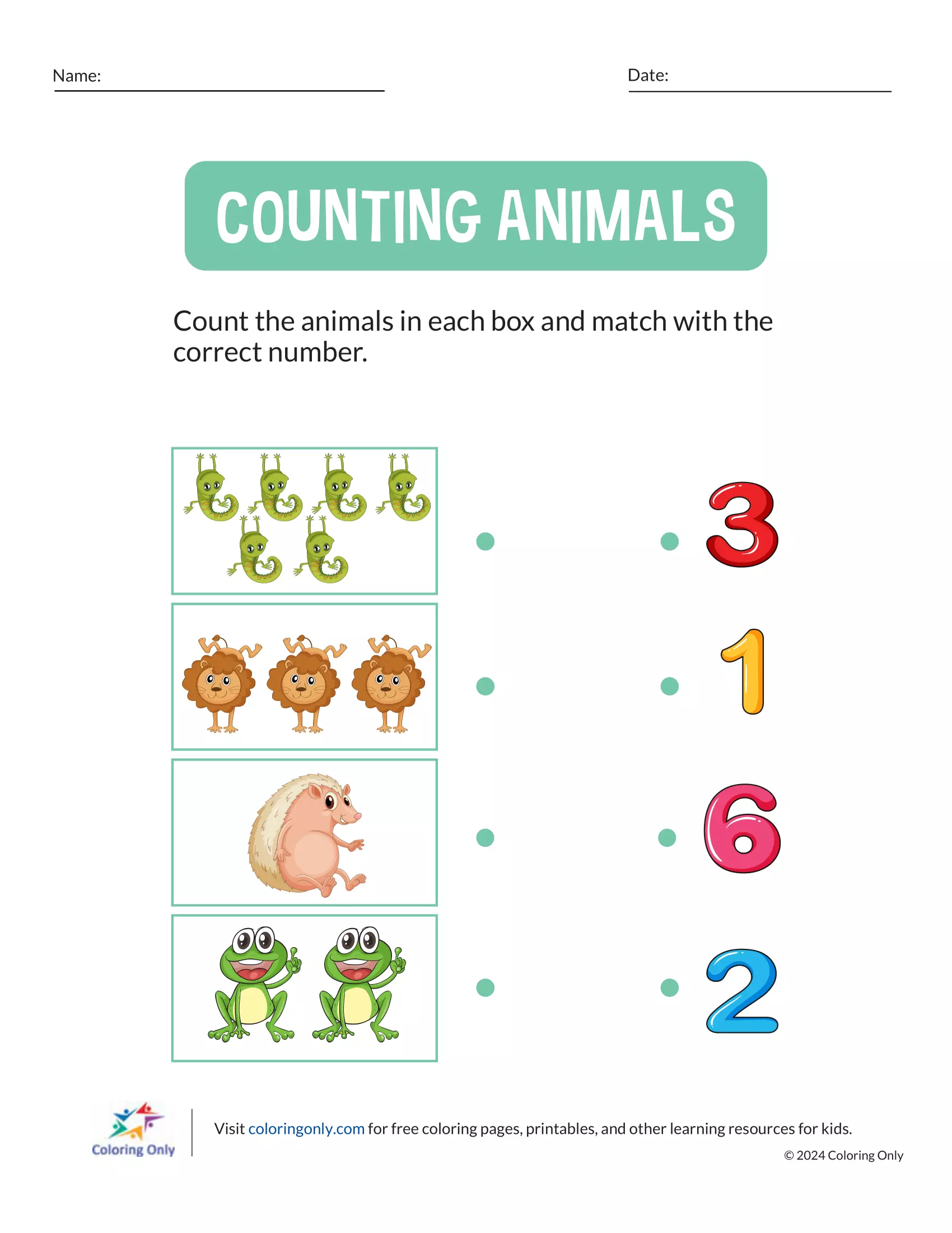 COUNTING ANIMALS Free Printable Worksheet