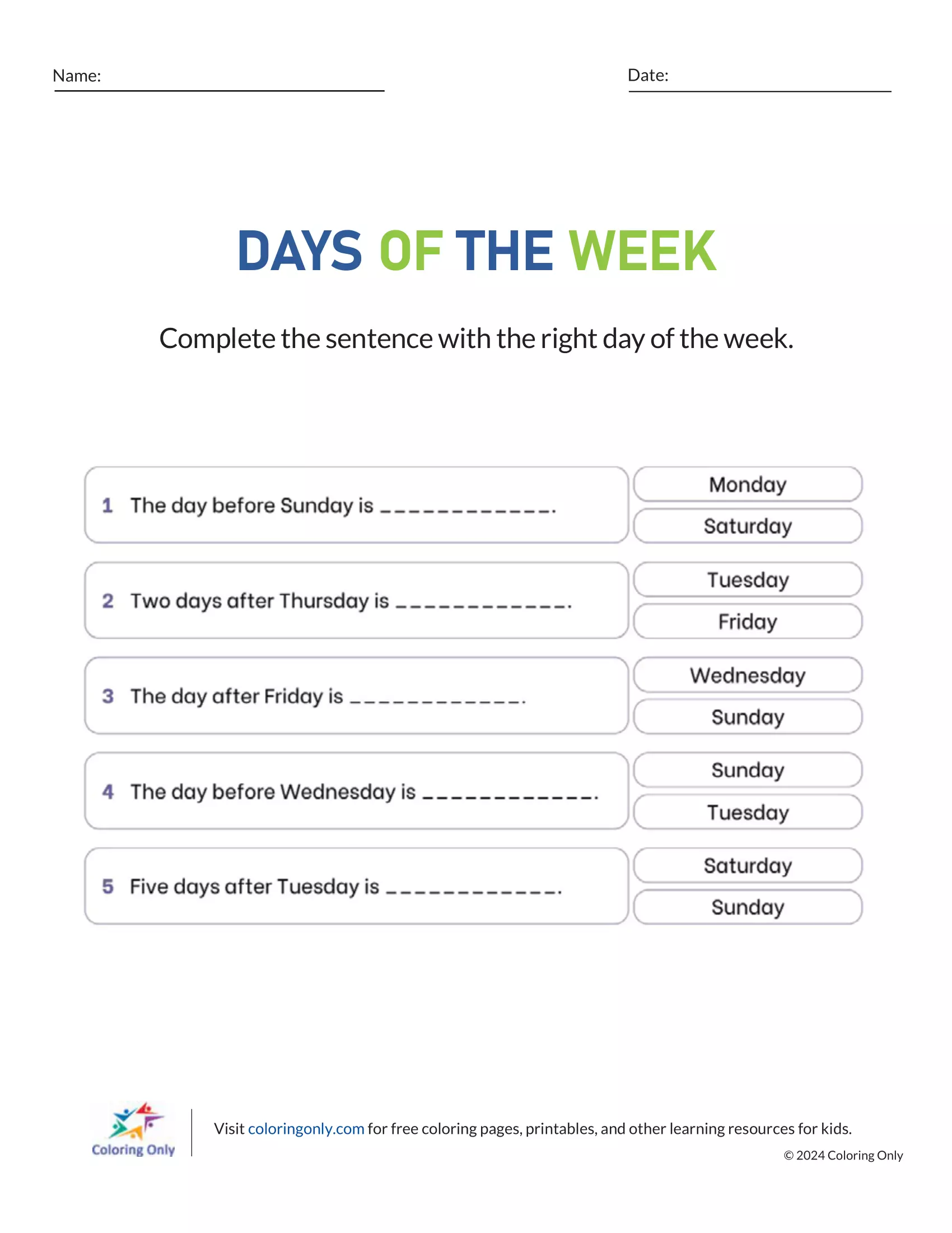 DAYS OF THE WEEK Free Printable Worksheet