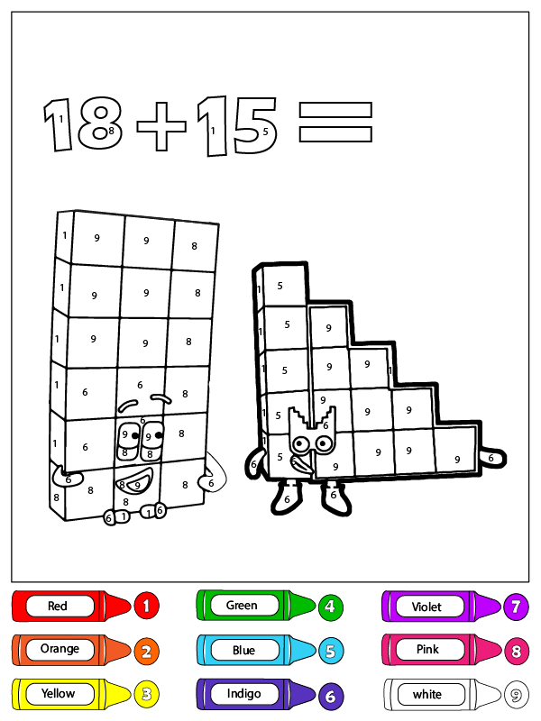Eighteen and Fifteen Numberblocks Color by Number