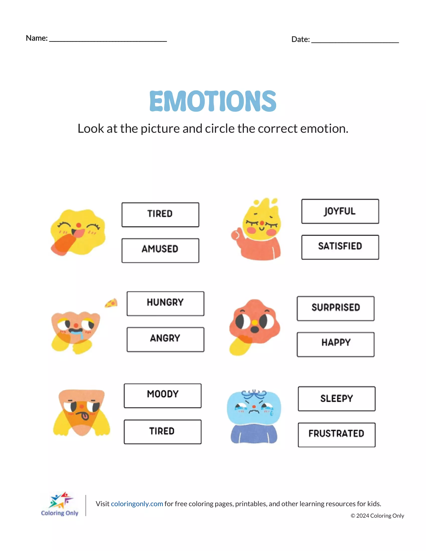 EMOTIONS Free Printable Worksheet