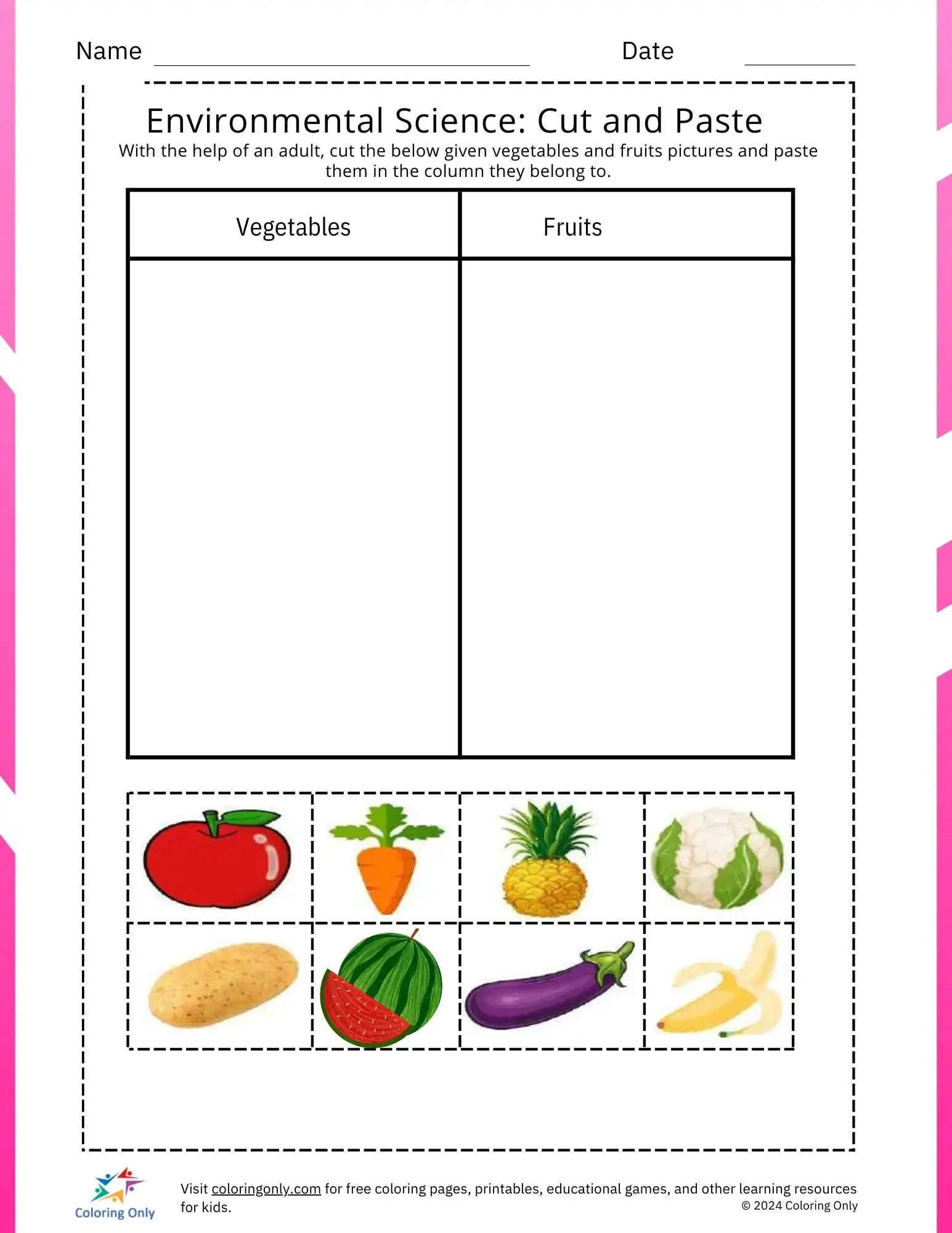 Explore a categorização de frutas e vegetais com esta envolvente planilha de ciências para impressão gratuita.