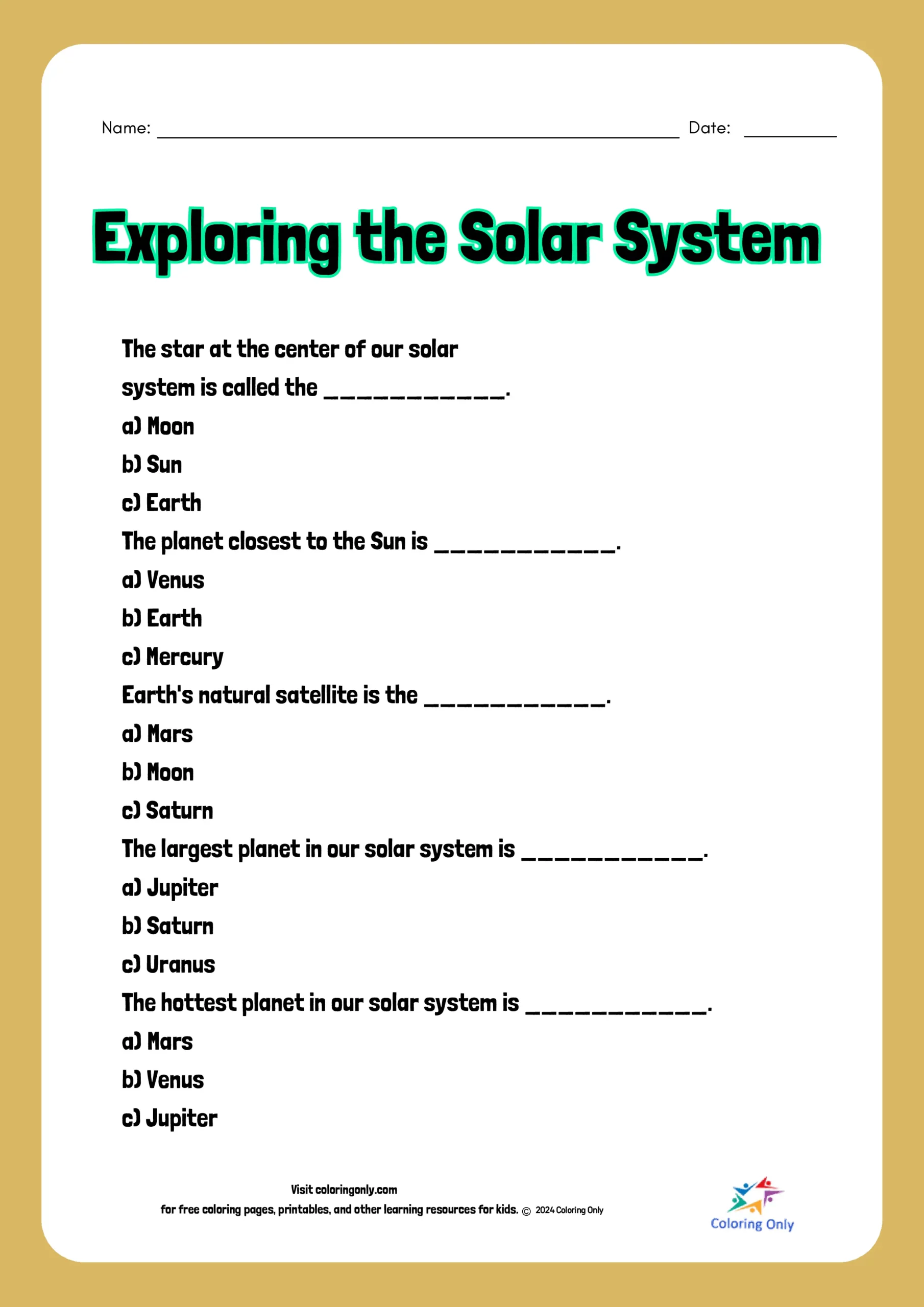 Erkundung des Sonnensystems Kostenloses Arbeitsblatt zum Ausdrucken