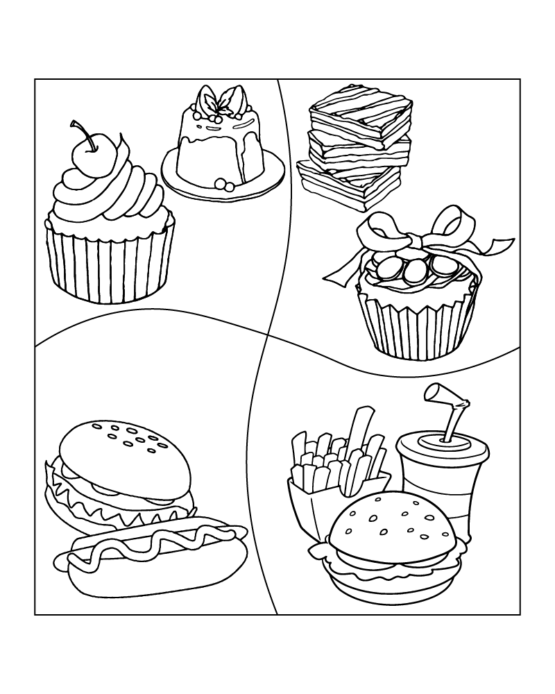 Fast Foods and Sweet Food Groups Coloring Page