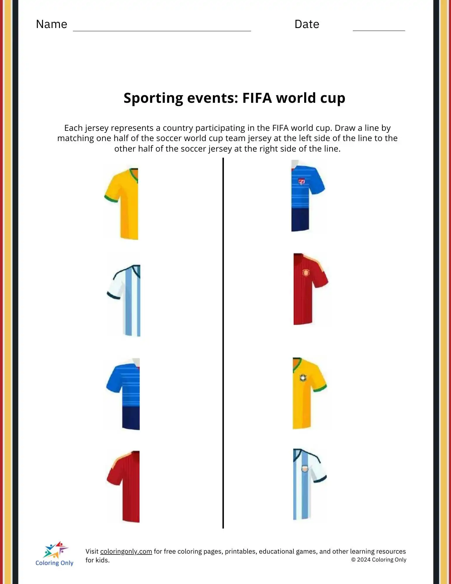 Match FIFA World Cup jerseys with this engaging free printable worksheet, perfect for sports fans.