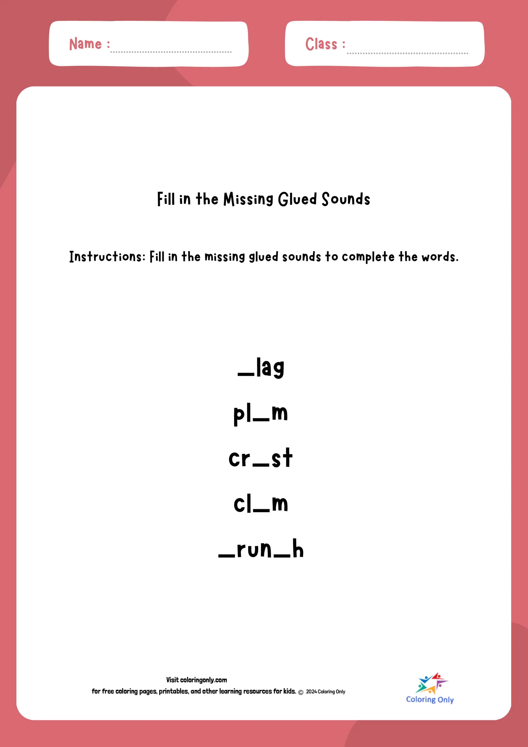 Fill in the missing glued sounds to complete the words Free Printable Worksheet