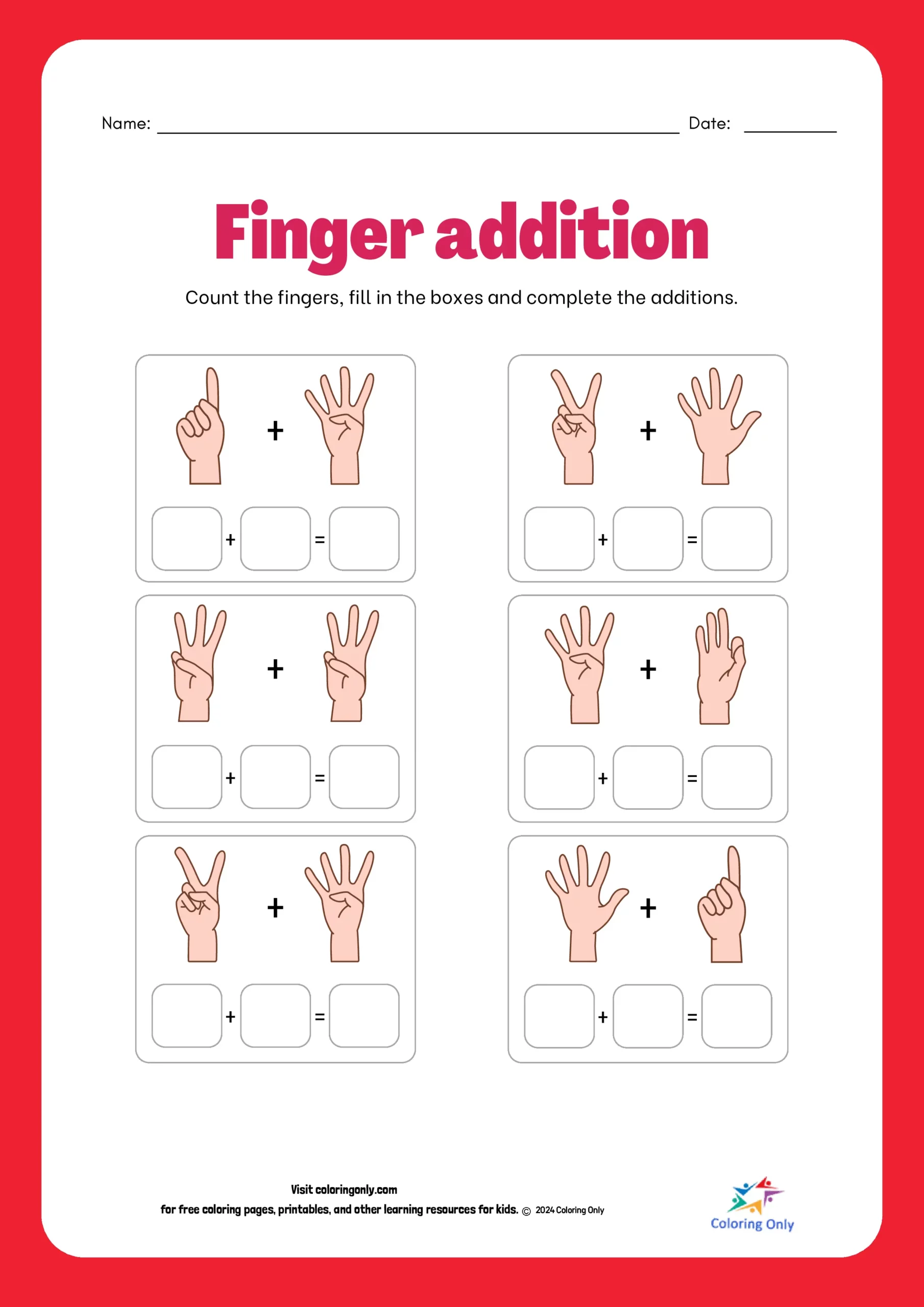 Finger Addition Free Printable Worksheet