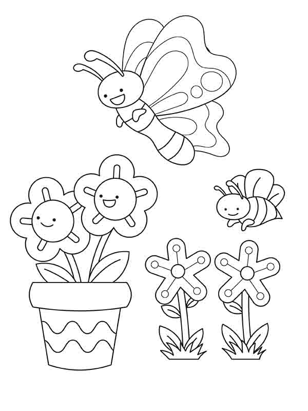 Flowers and Cute Butterflies in the Garden Coloring Page