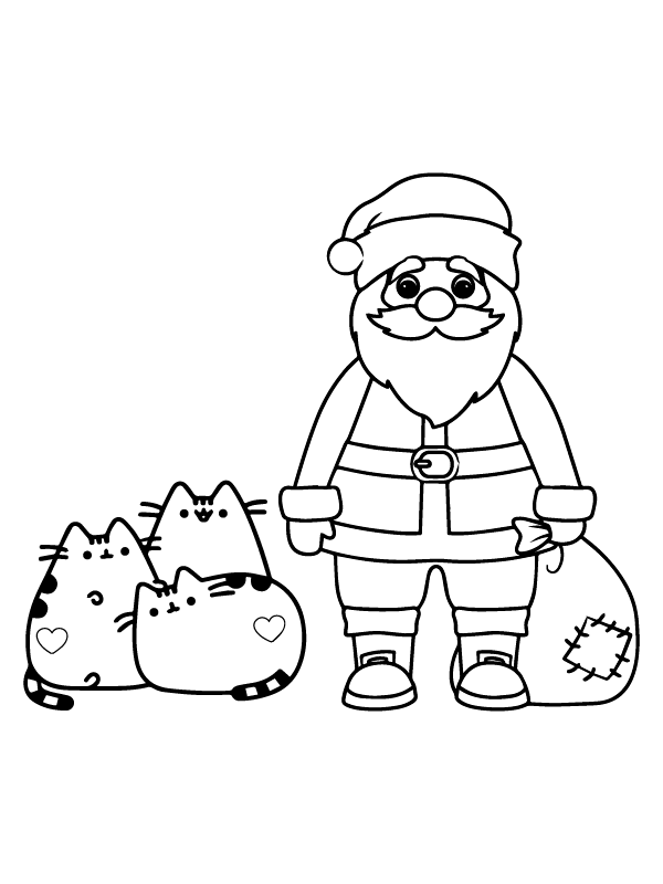 Free Christmas Pusheen and Santa Claus Coloring Page