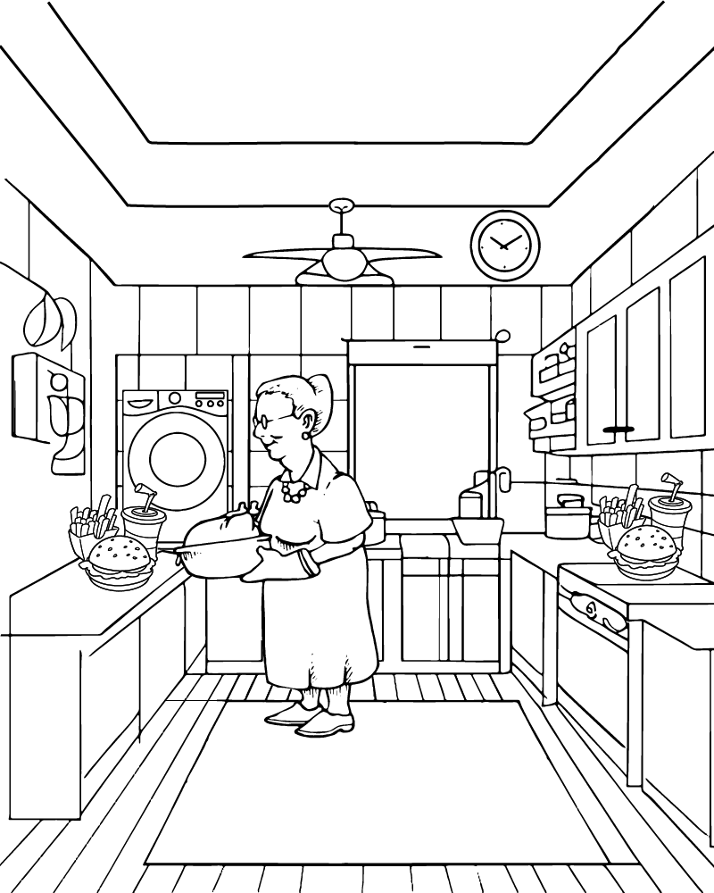 Grandma Cooking in Kitchen Coloring Page