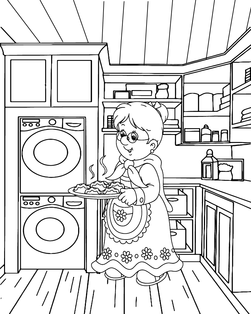 Grandma Preparing Foods in Cozy Kitchen Coloring Page
