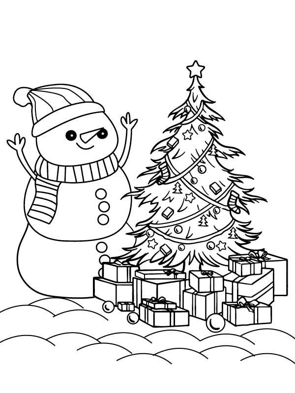 Happy Christmas Snowman with Gift Coloring pages